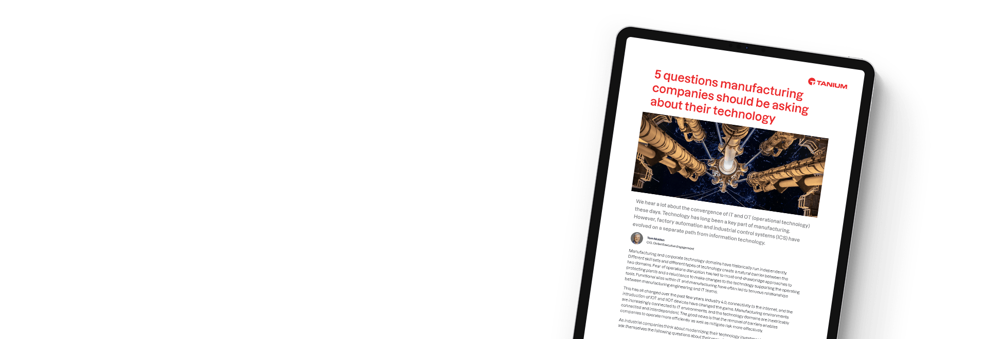 Tablet displaying article '5 questions manufacturing companies should be asking about their technology'