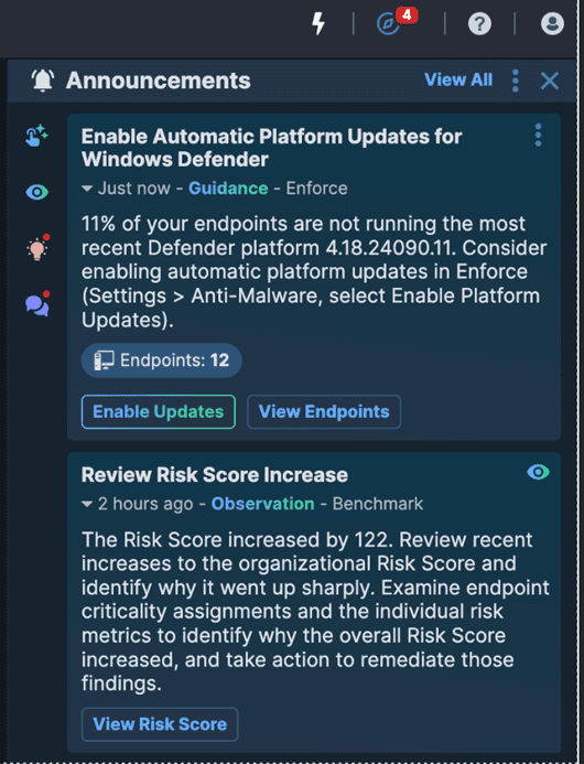 Screenshot of Tanium Guide: Tanium Guide provides a summary of actionable notifications and insights in a lightweight collapsible notification view that is available no matter where an operator is in the Tanium console.