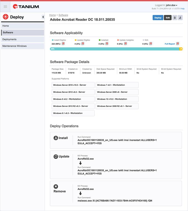 Screenshot of Adobe Acrobat Reader DC software details page showing applicability, package details, and deployment operations