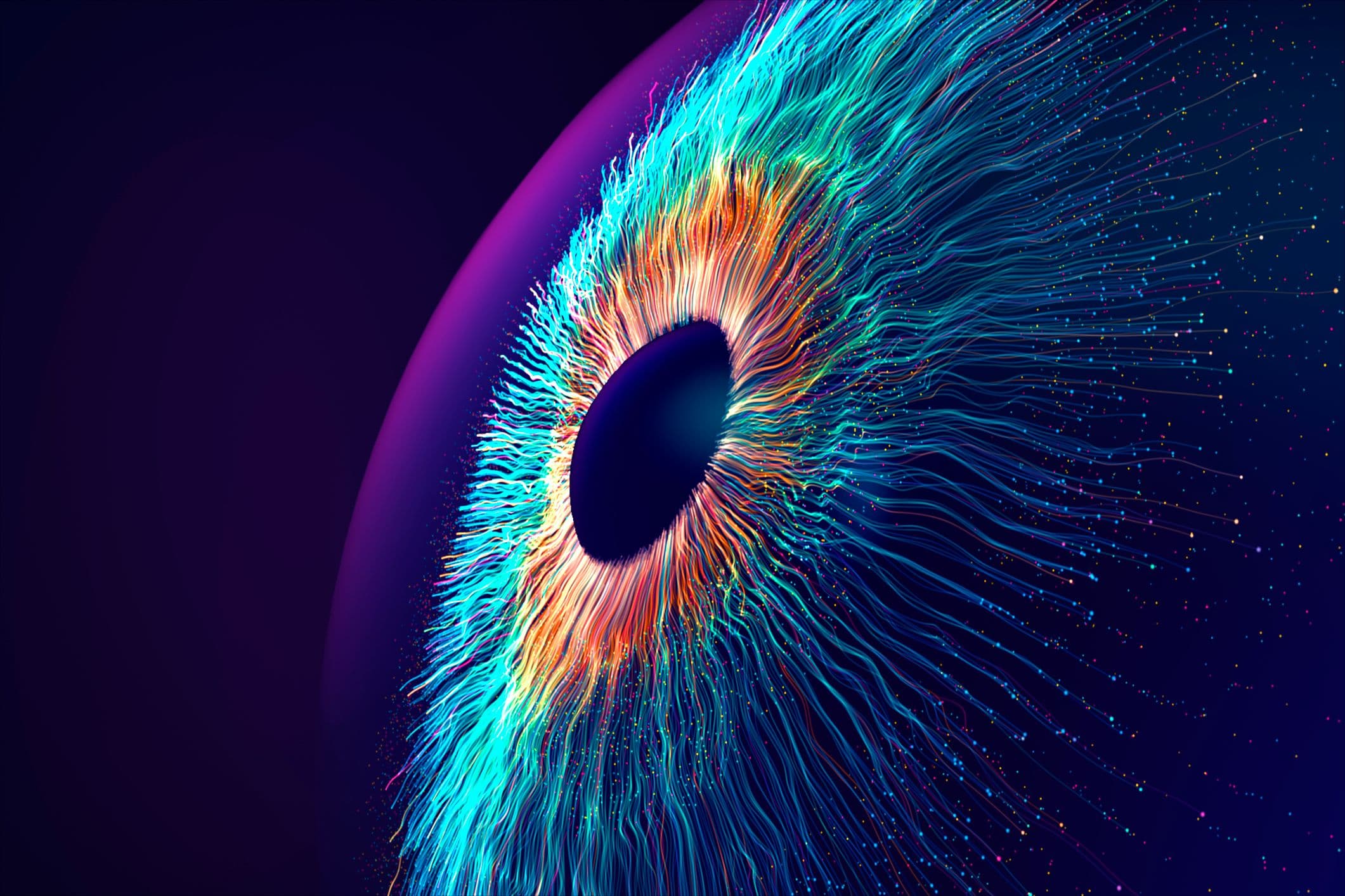A starburst of fiber-opticlike streaks forms the image of an eyeball floating in space.