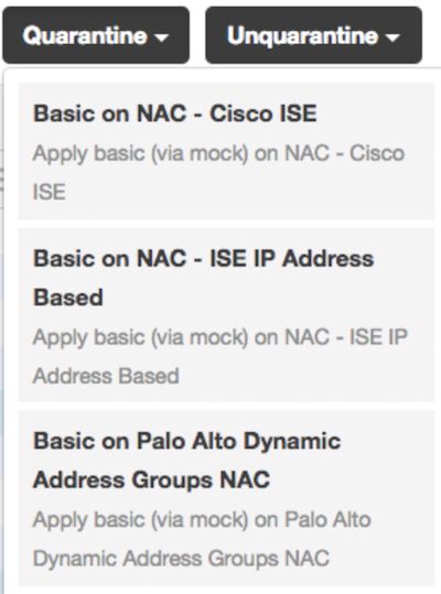 Screenshot of NAC network access control options including Quarantine, Unquarantine, and Palo Alto Dynamic Address Groups