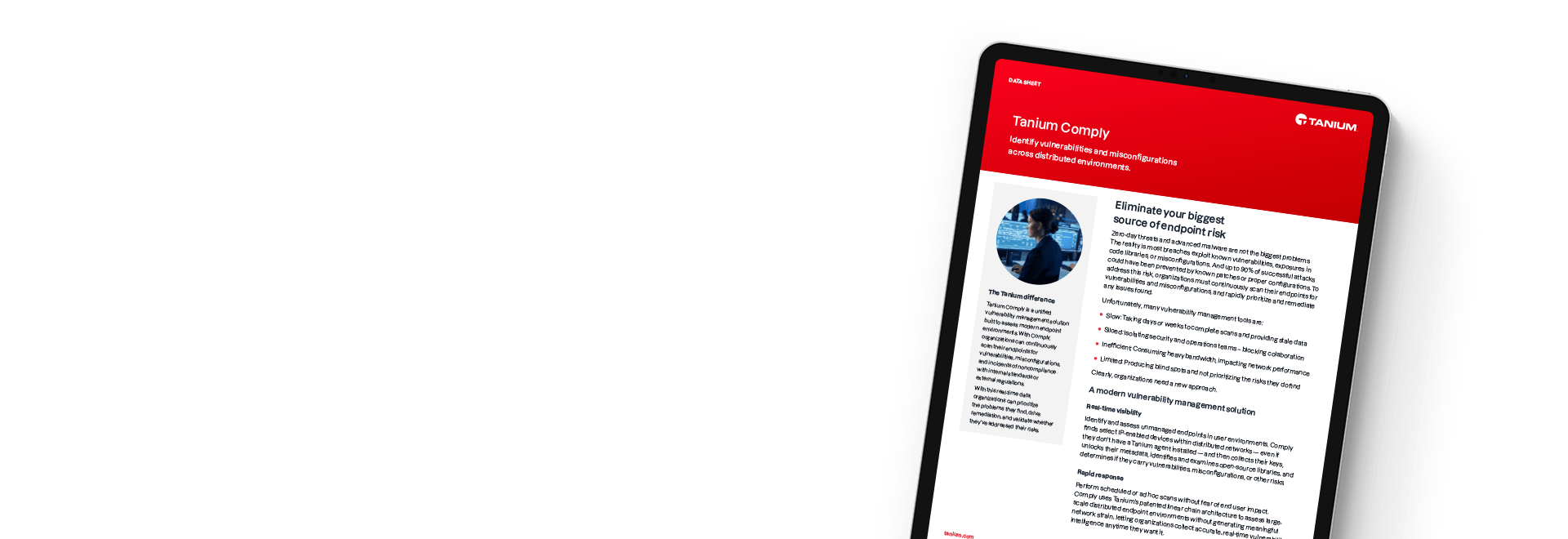 Tablet showing Tanium Comply data sheet for vulnerability management