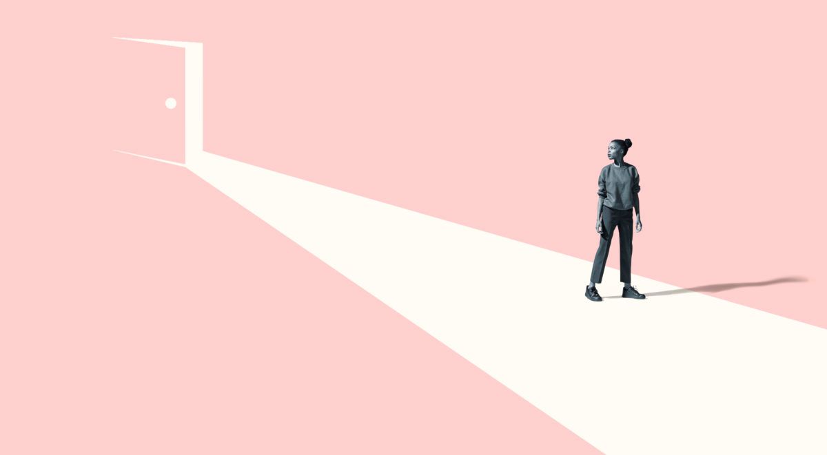 Illustration of person standing on pink pathway against pink background