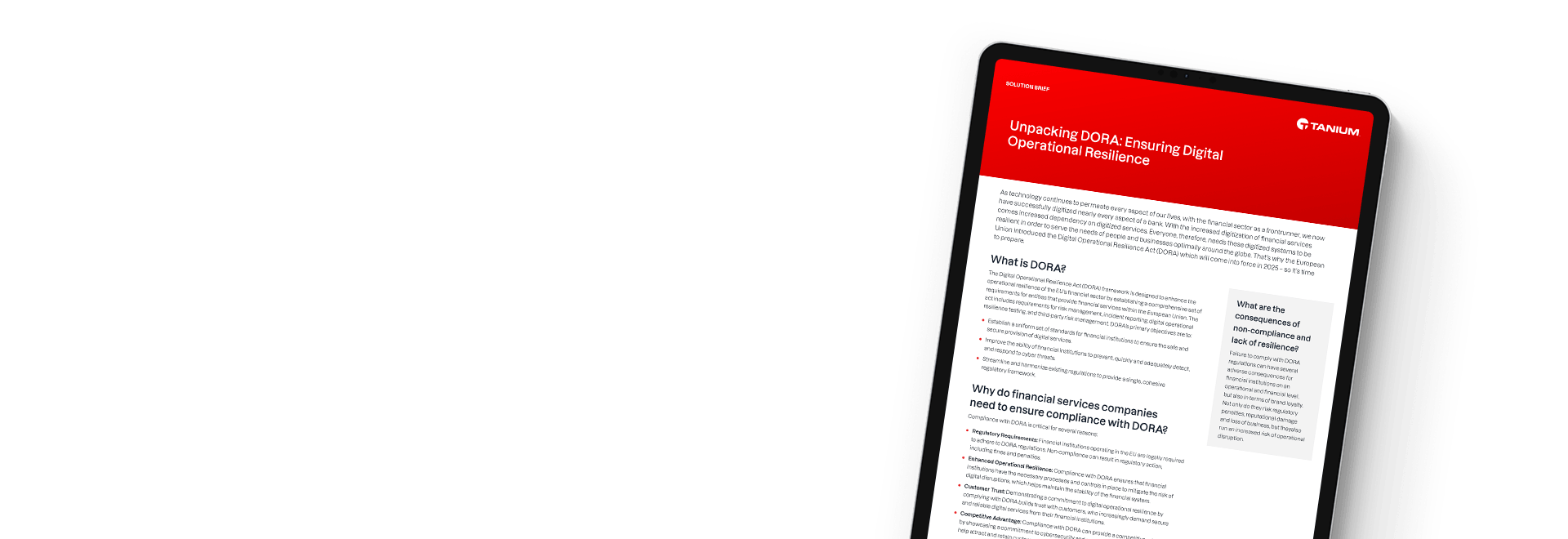 Tablet showing solution brief 'Unpacking DORA: Ensuring digital operational resilience'