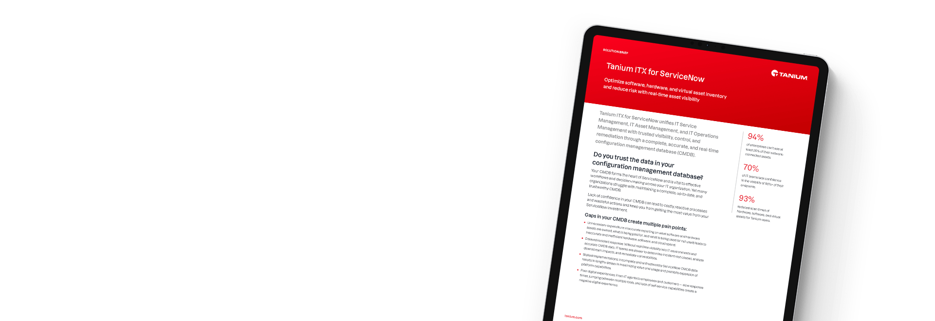 Tablet displaying Tanium ITX for ServiceNow solution brief with integration overview