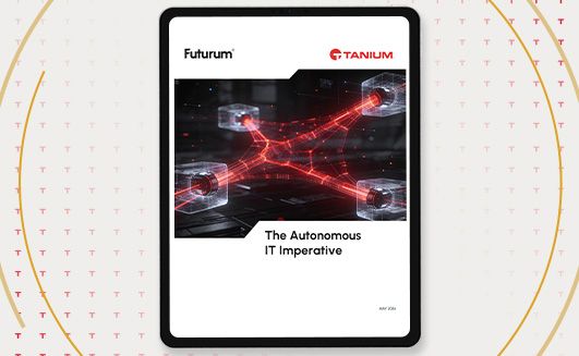 Tablet displaying 'The Autonomous IT Imperative' report cover with red network connectivity graphics