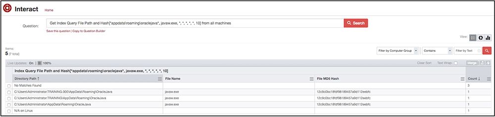 Tanium Interact interface showing file index query results from malware investigation