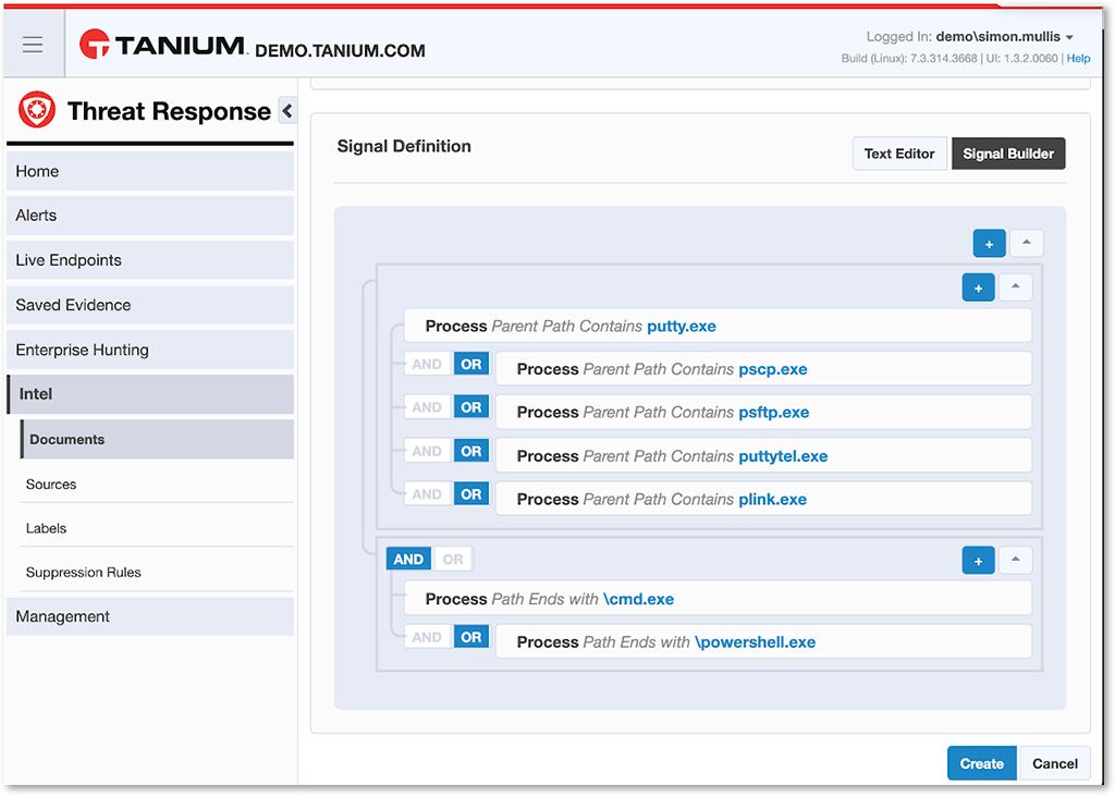 Screenshot of Tanium Threat Response Signal Definition builder with AND/OR logic showing process detection rules for putty.exe and related executables