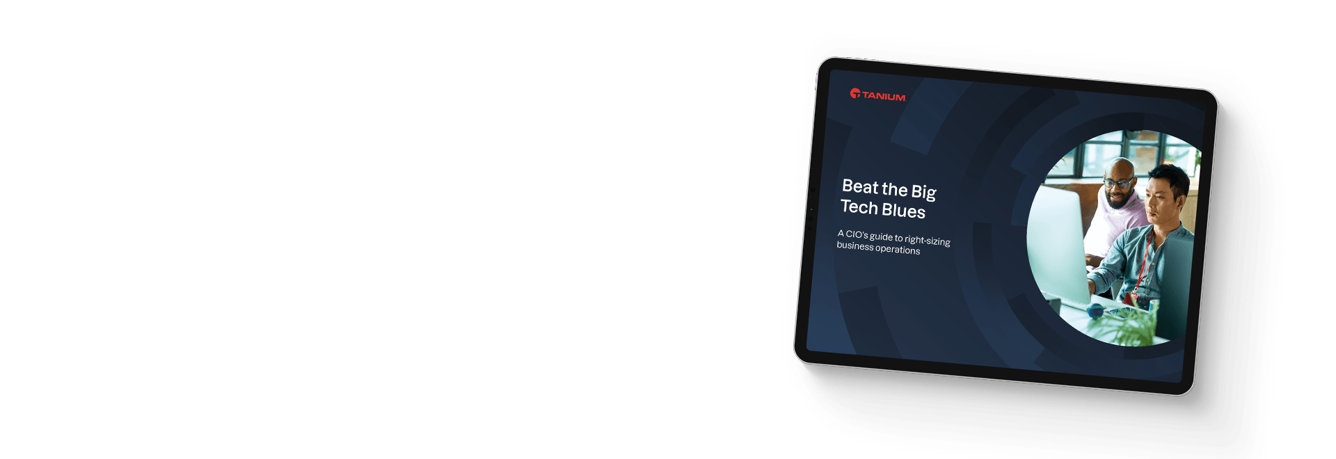 Tablet showing Beat the Big Tech blues ebook with team photo