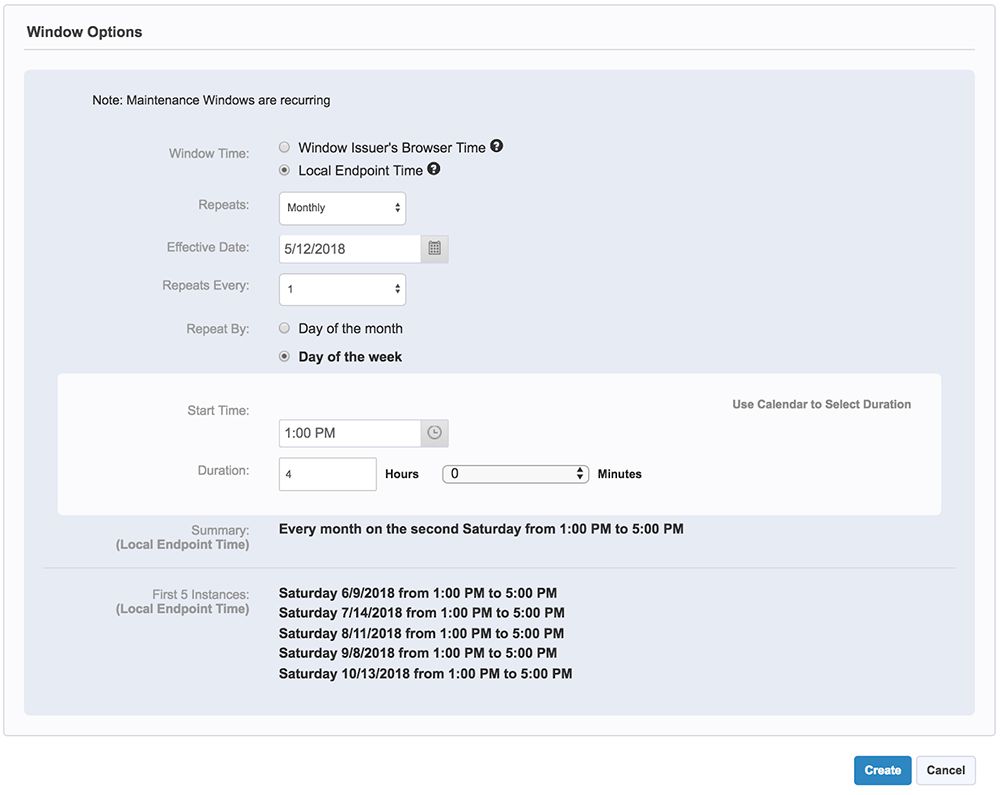 Tanium Deploy window options configuration form for recurring monthly maintenance windows