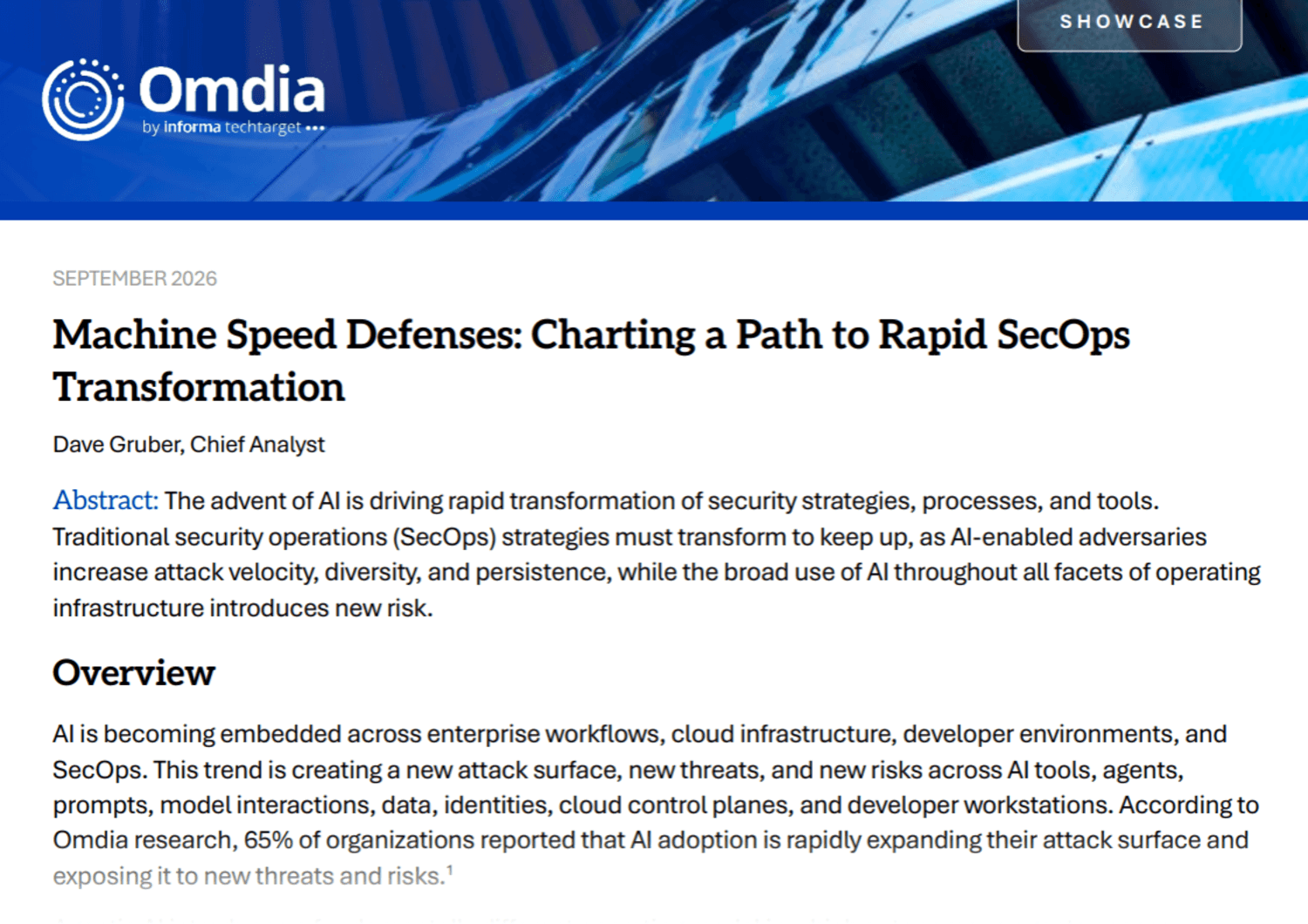 First page of the Omdia Showcase "Machine Speed Defenses: Charting a Path to Rapid SecOps Transformation" by Dave Gruber, Chief Analyst