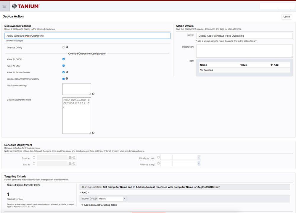 Product screenshot of Tanium Deploy Action form
