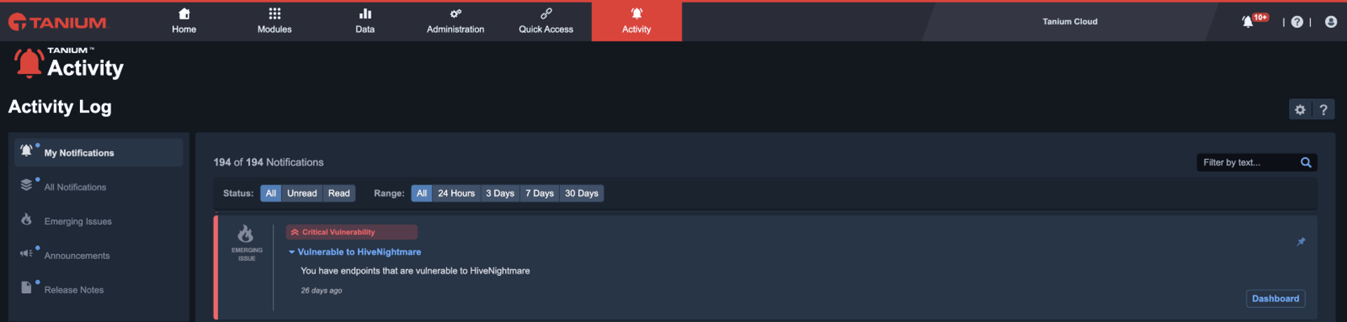 Screenshot of Tanium Activity Log showing security notifications