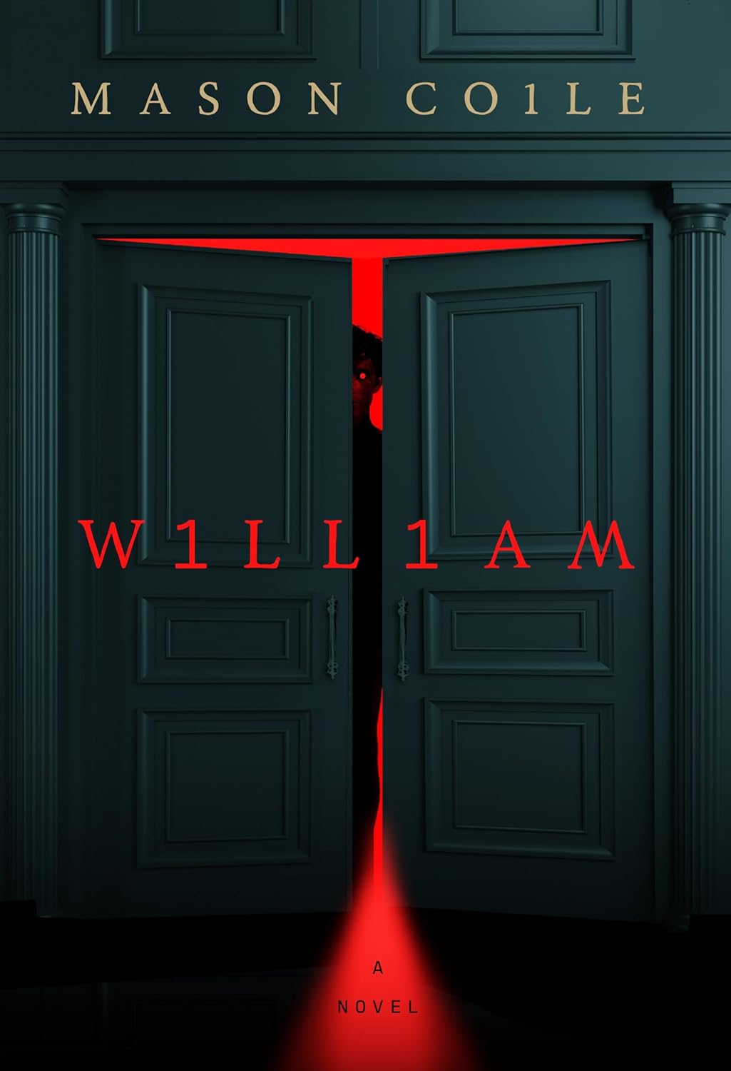 The book cover of William, which depicts a set of dark blue French doors cracked open, red light spillijng out, and a sinister figure silhouetted within.