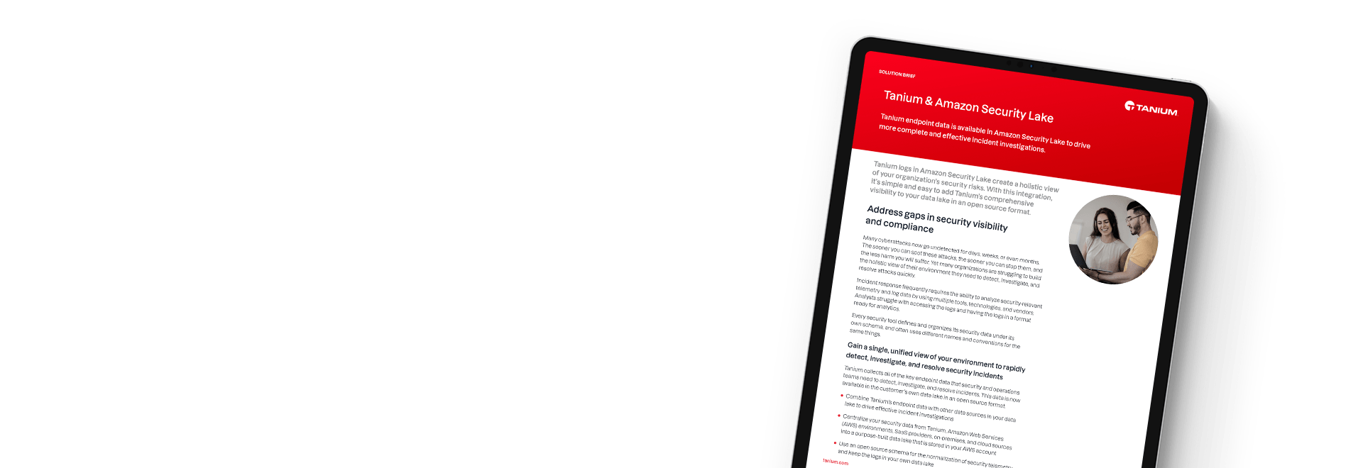 Tablet displaying Tanium & Amazon Security Lake solution brief with women