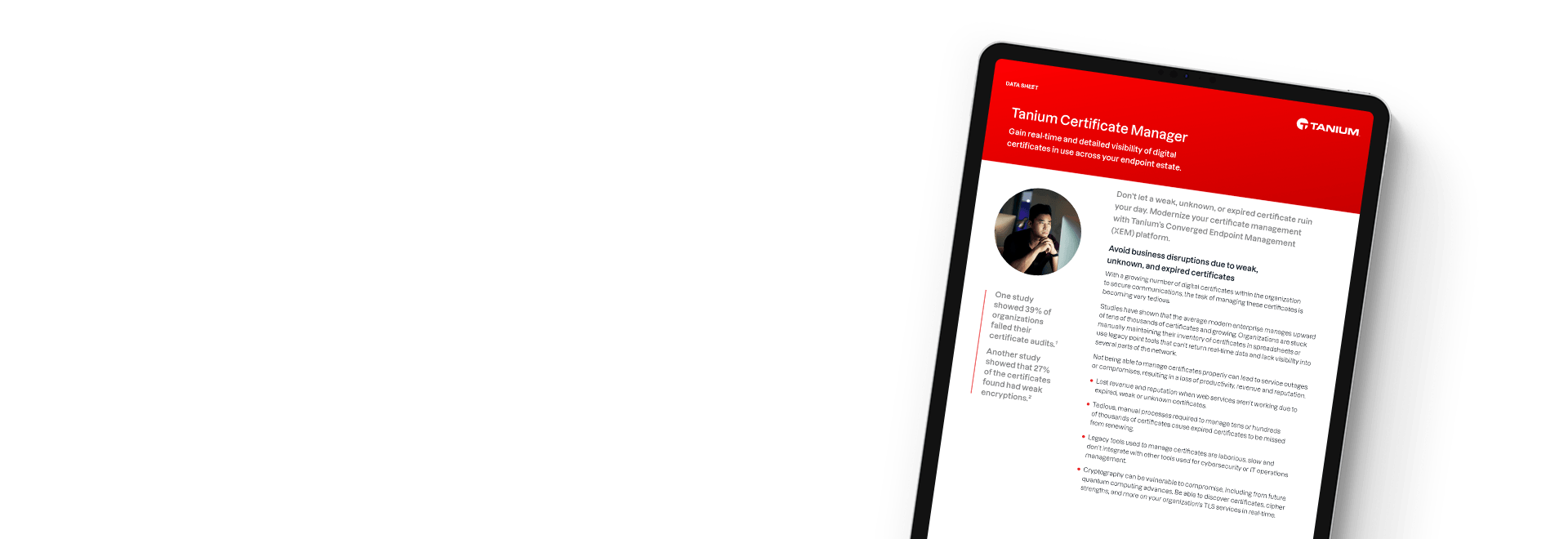 Tablet displaying Tanium Certificate Manager datasheet with portrait