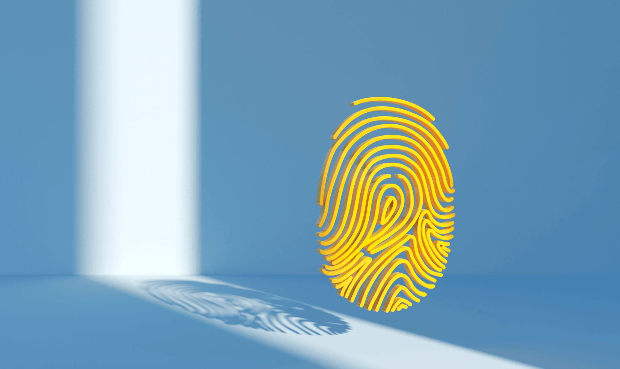 A bright yellow fingerprint floats in a room with blue shadows