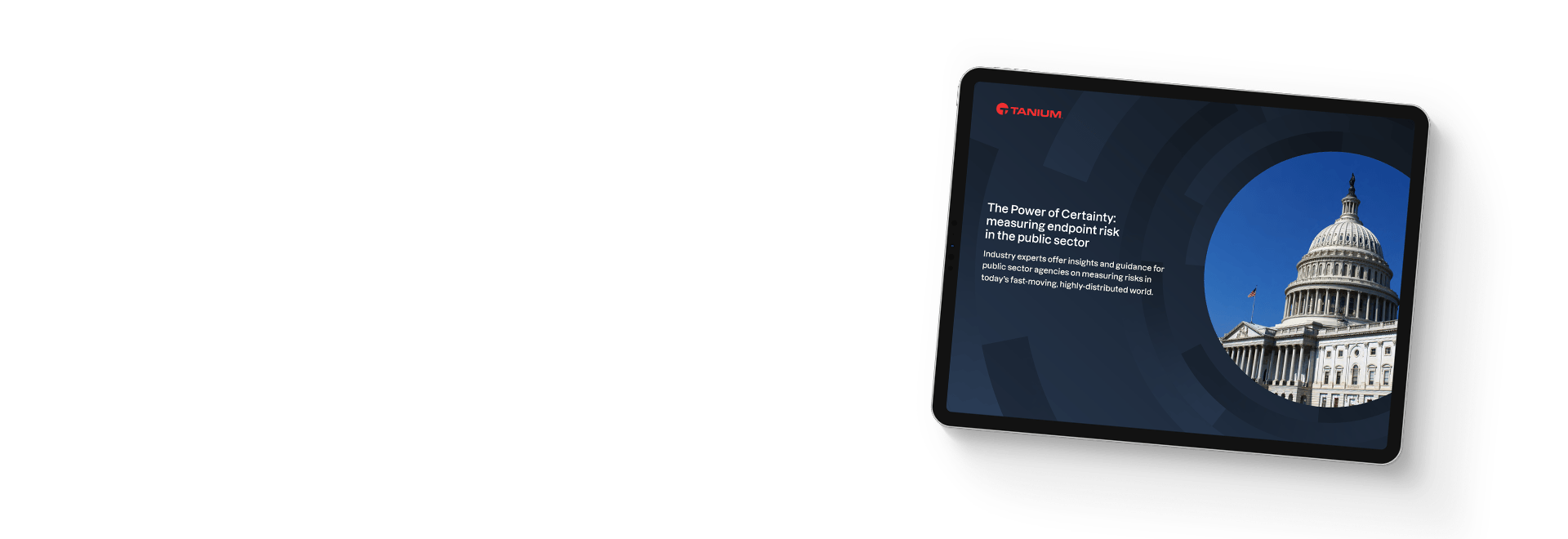 Tablet mockup of "How to measure risk in the public sector" eBook with Capitol building imagery