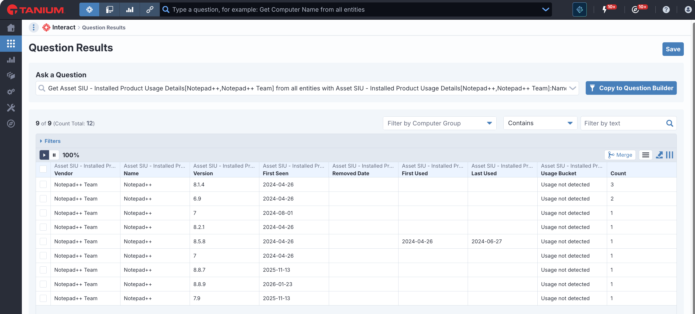 Screenshot of Tanium Interact showing Notepad++ instances