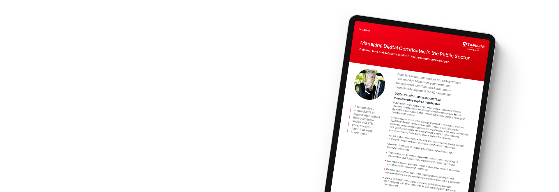 Tablet showing Managing Digital Certificates in the Public Sector datasheet with portrait