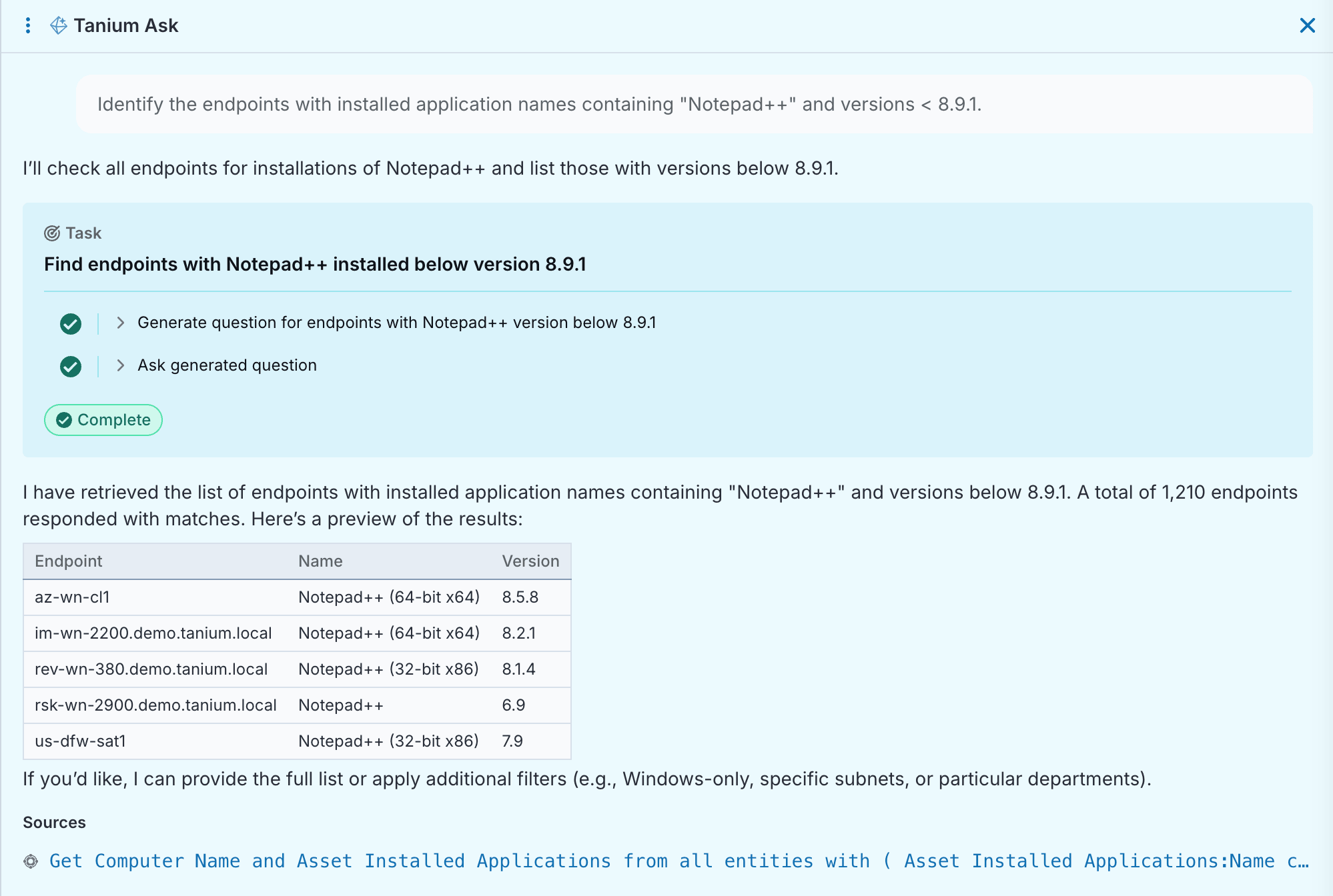 Screenshot of Tanium Ask showing endpoints with Notepad++