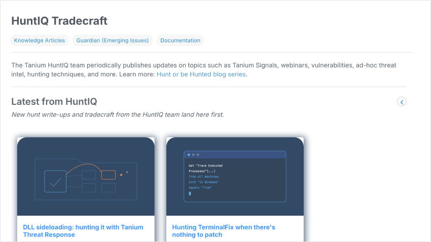 HuntIQ Tradecraft hub showing the Latest from HuntIQ feed of hunt write-ups, including DLL sideloading and TerminalFix
