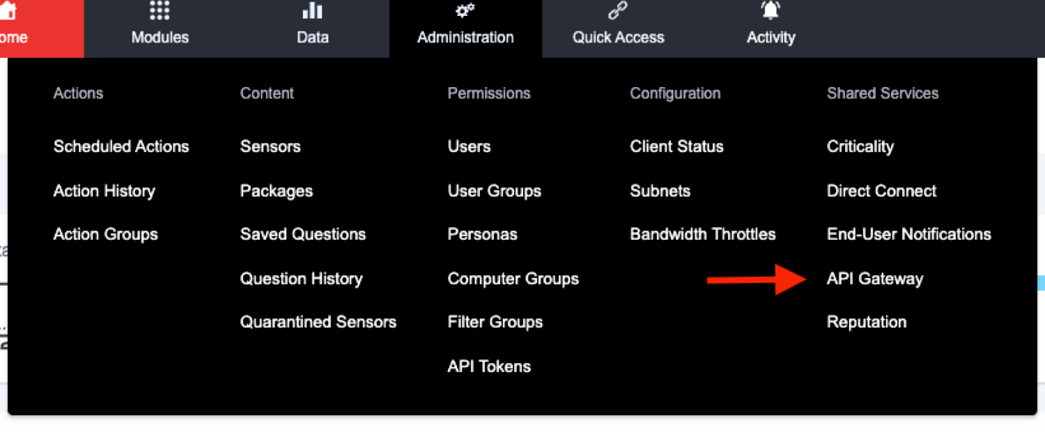 Screenshot 2: Showing where the API Gateway is in the Tanium console