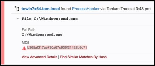 Tanium Trace showing cmd.exe and ProcessHacker process details