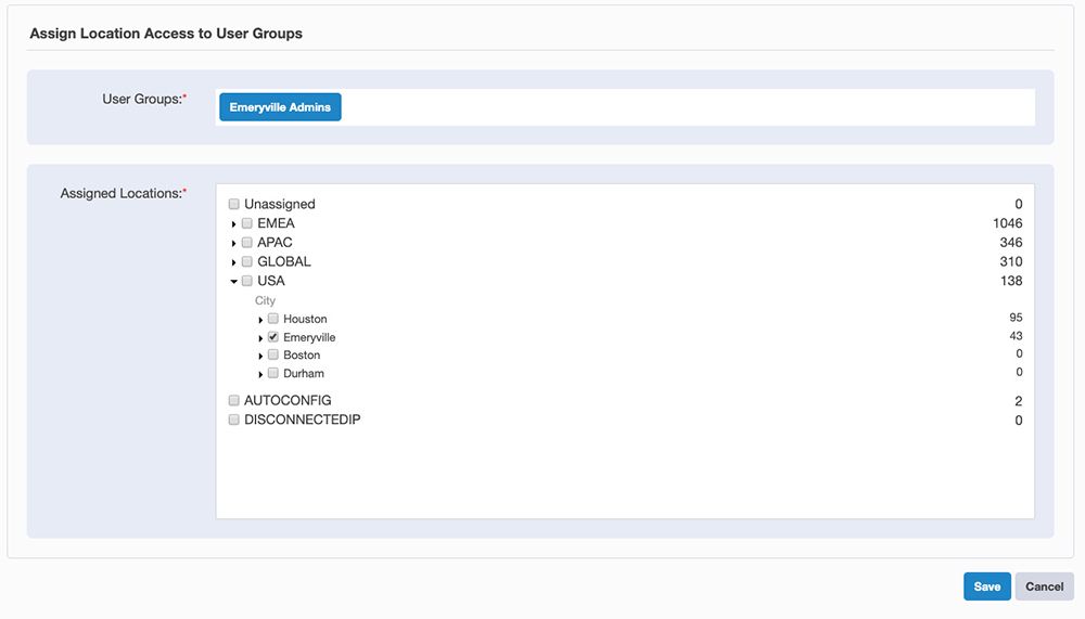 Tanium Discover interface showing location access assignment for user groups