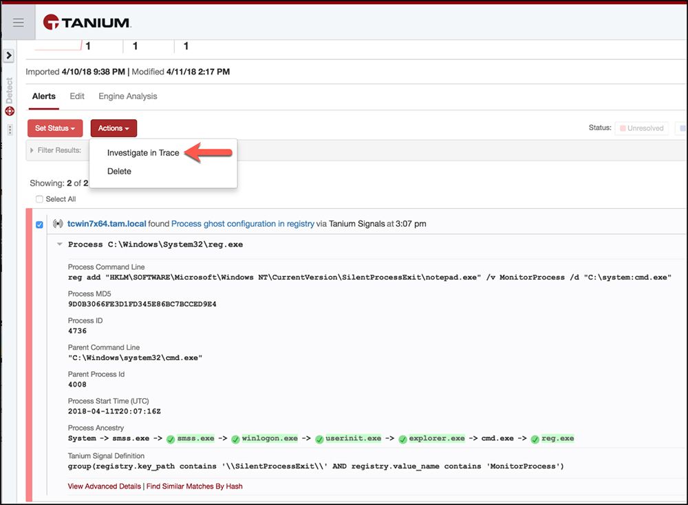 Tanium Signals alert showing process ghost configuration detection