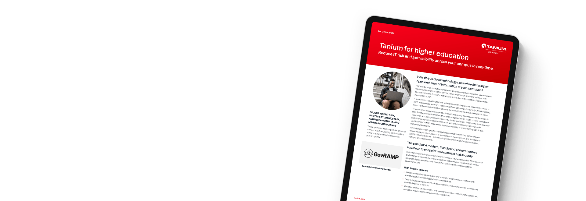 Tablet mockup of "Tanium for higher education" solution brief with person on campus