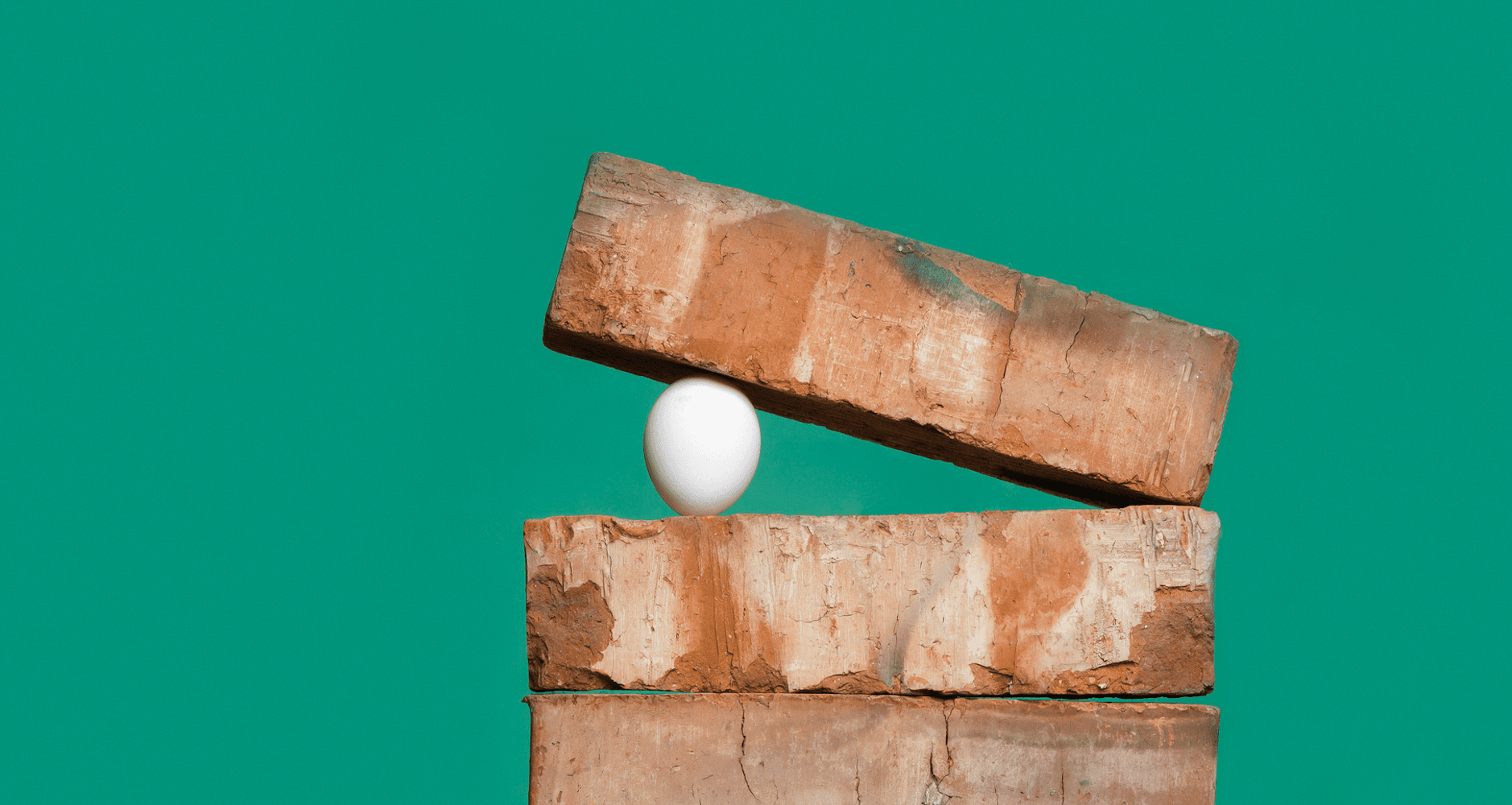 An egg sits wedged between bricks against a green background.