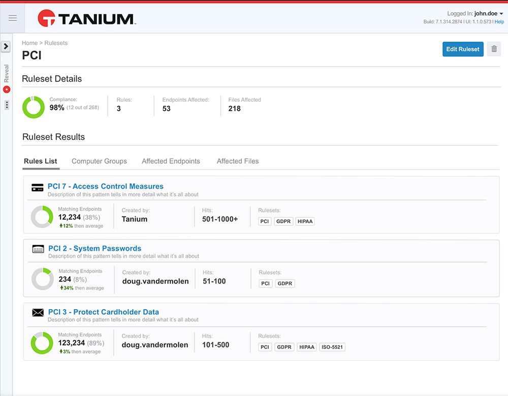 Screenshot of Tanium Reveal showing PCI compliance ruleset results and vulnerability management metrics