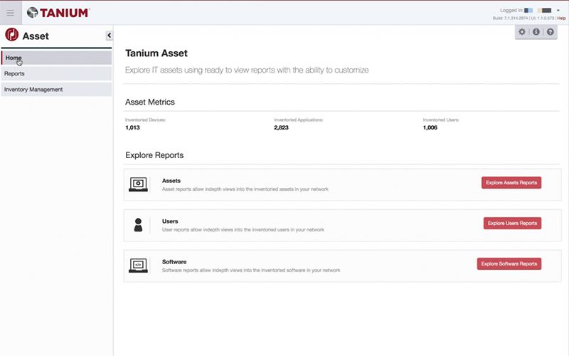 Screenshot of Tanium Asset showing the home interface with Asset Metrics and Explore Reports sections
