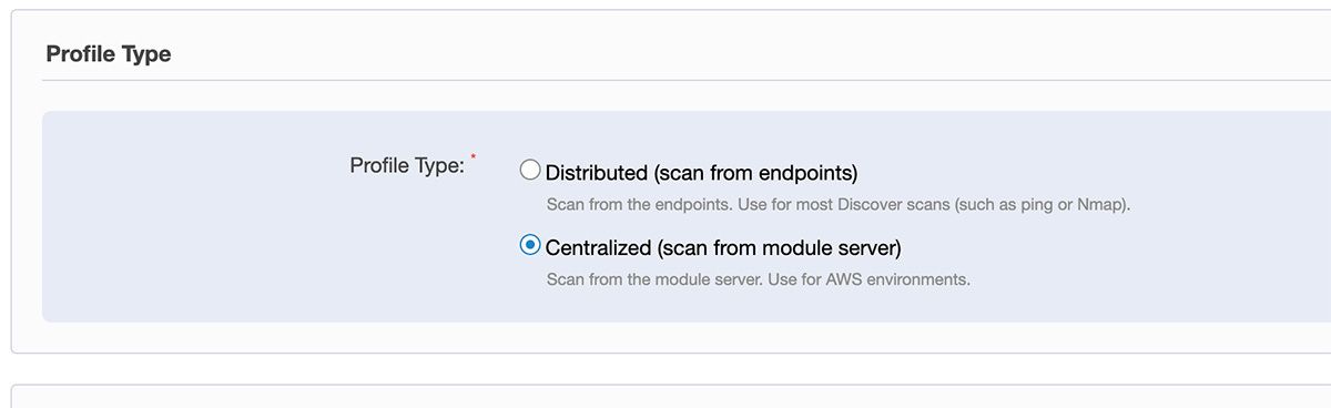 Screenshot of Tanium Discover showing Profile Type selection with options for distributed and centralized scanning configuration