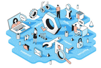 Isometric illustration of people working in a collaborative digital workspace