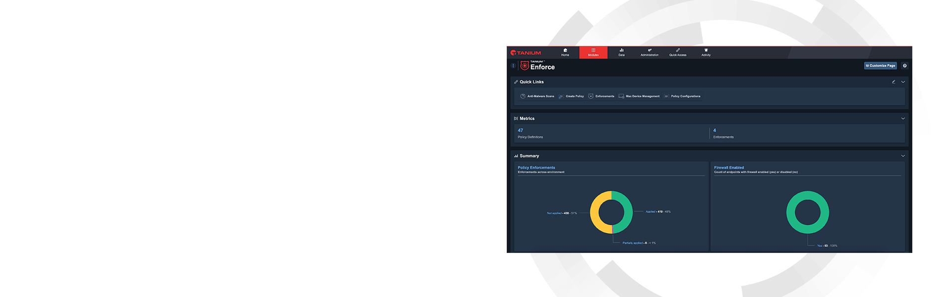 Tanium Enforce hero dashboard mockup with policy management visualization