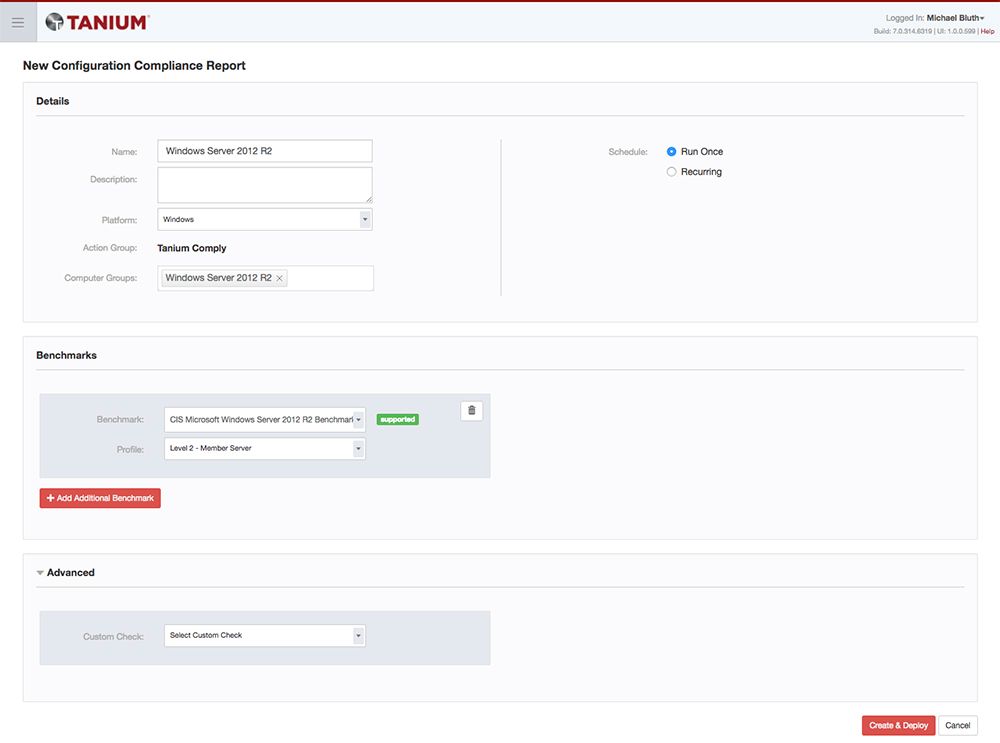 Tanium Comply form for creating a new configuration compliance report for Windows Server