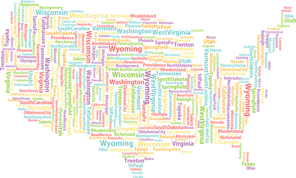 Word cloud of United States showing state names and major cities in varied colors