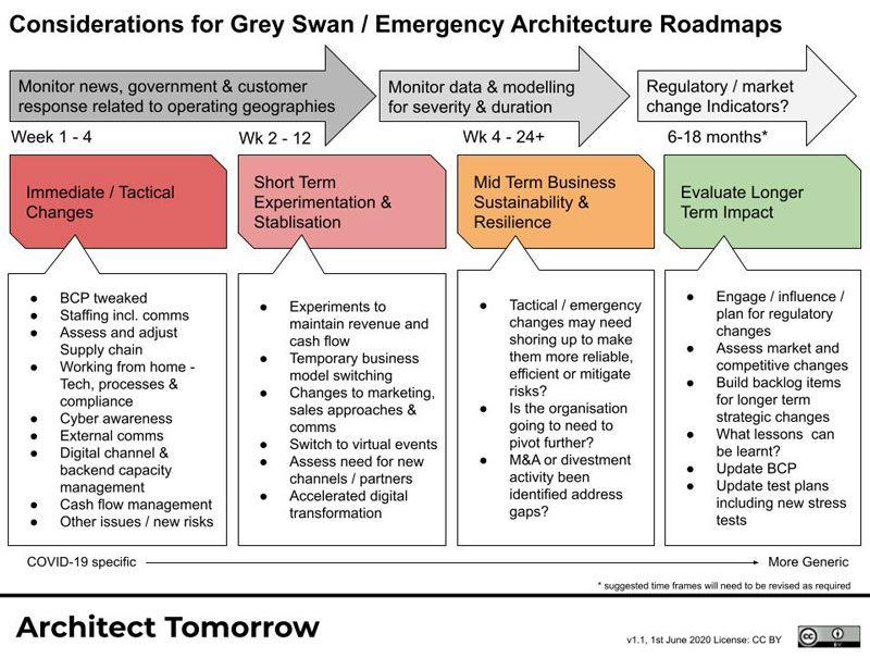 Considerations for Grey Swan and Emergency Architecture Roadmaps diagram showing phases from immediate changes through long-term impact evaluation