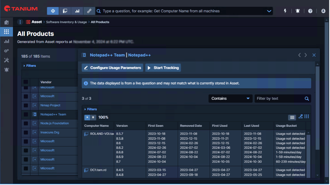 Screenshot of Tanium Software Inventory showing all products catalog and installation statistics