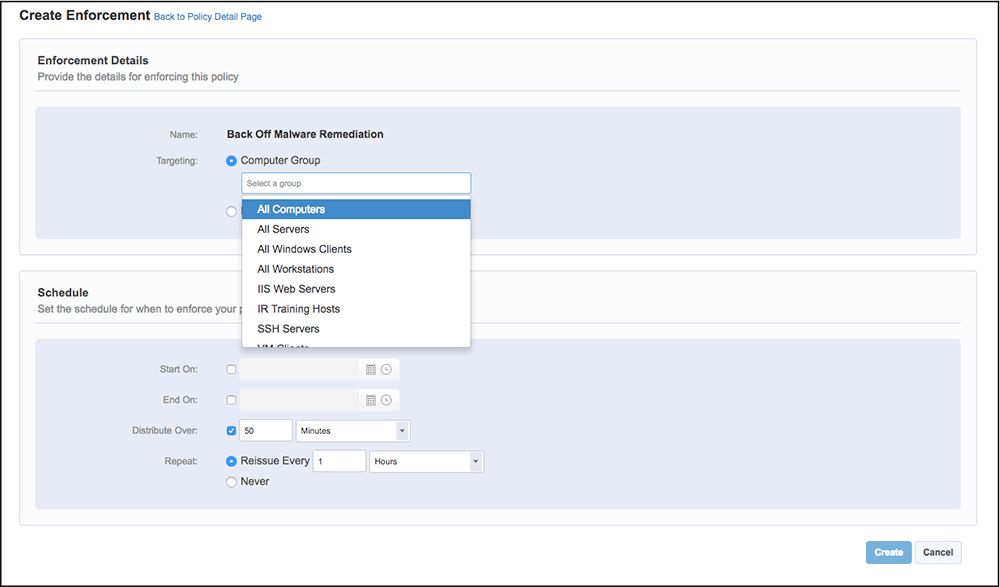 Tanium Protect enforcement creation form for deploying malware remediation policy to target computer groups