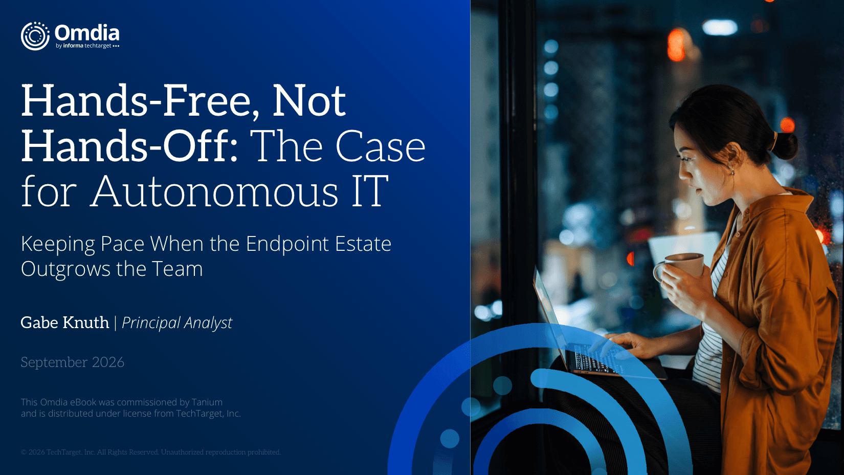 Cover of the Omdia eBook "Hands-Free, Not Hands-Off: The Case for Autonomous IT," commissioned by Tanium