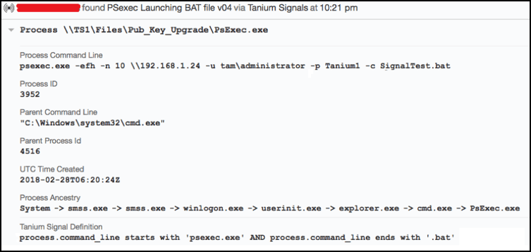Screenshot of event log detection showing PsExec launching a BAT file with process relationship details
