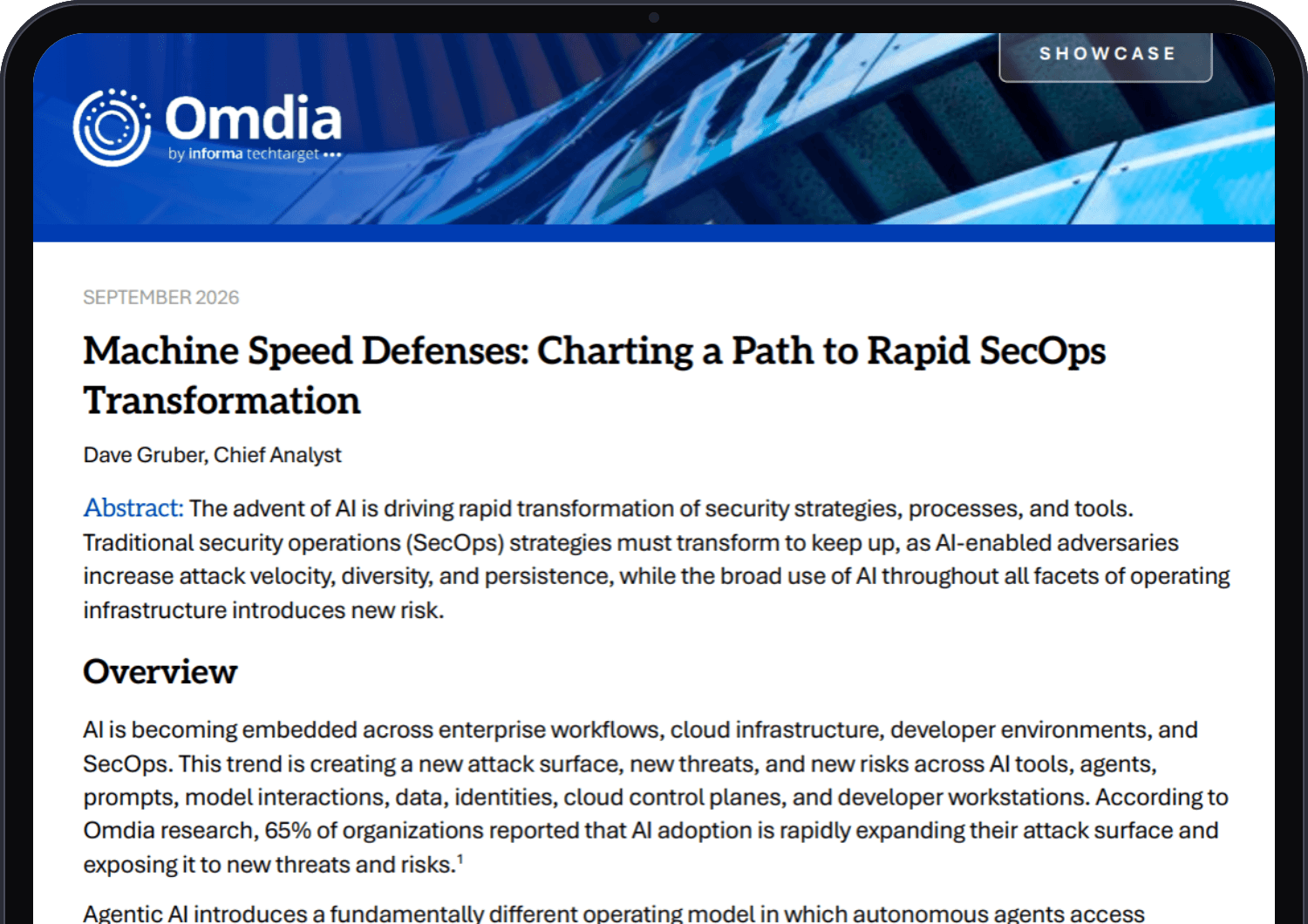 The Omdia Showcase "Machine Speed Defenses: Charting a Path to Rapid SecOps Transformation" shown on a tablet