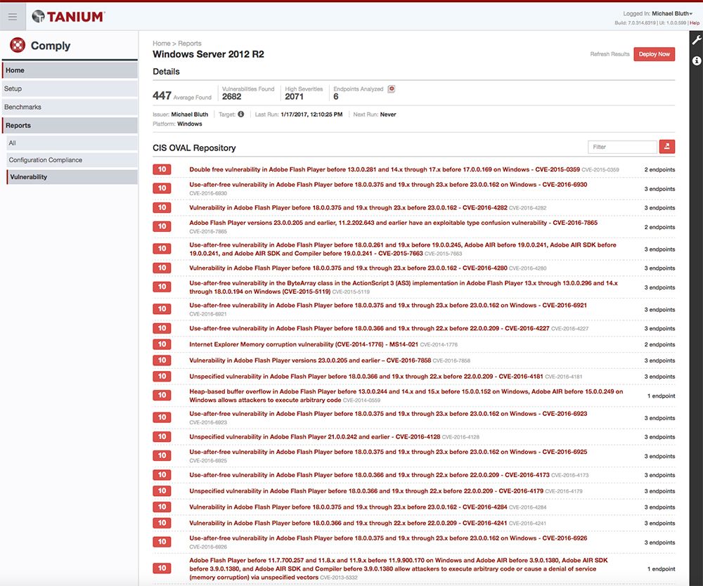 Tanium Comply vulnerability report showing CIS OWAL Flash Player vulnerabilities and impact