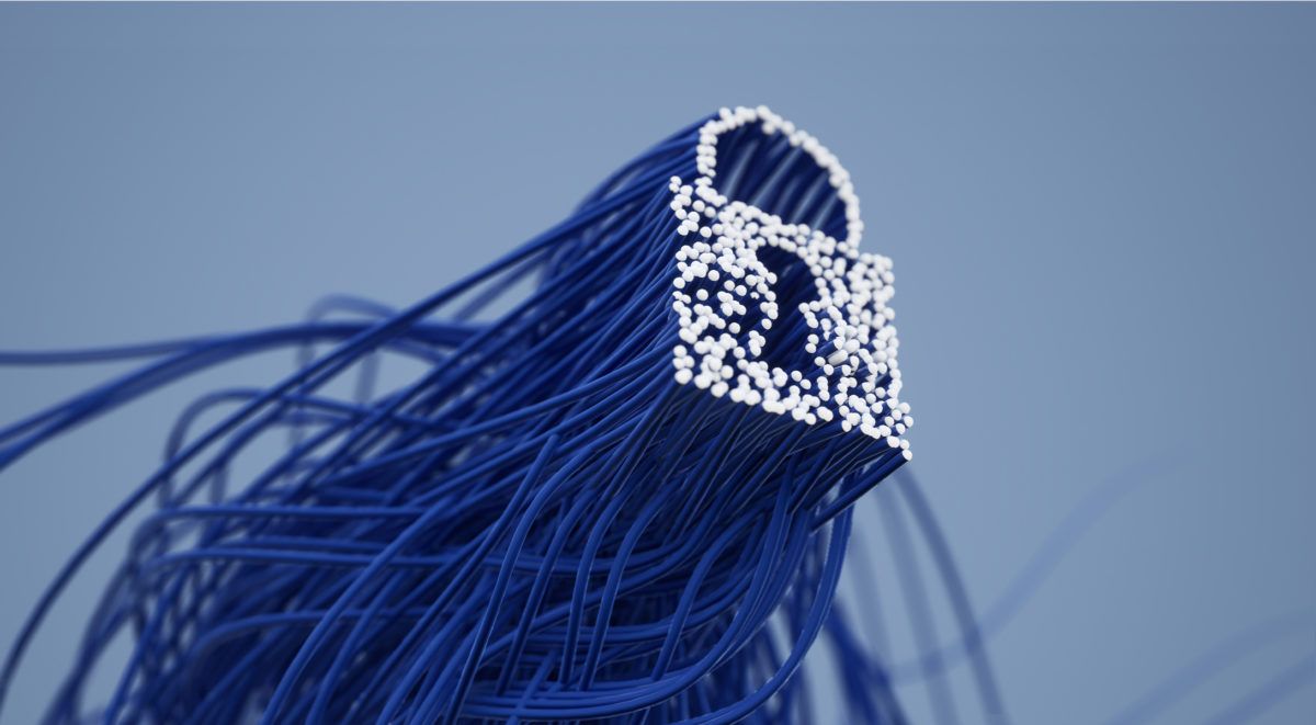 Illustration of blue fiber optic cables with digital lock symbol