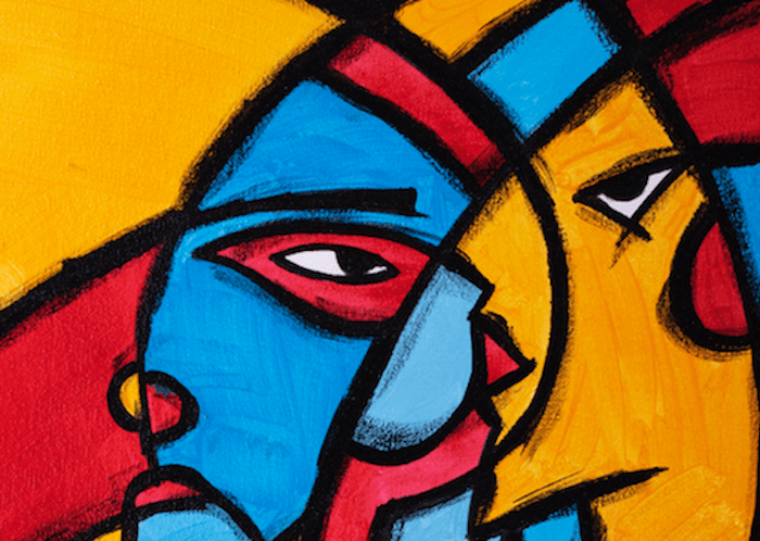 An abstract painting in bright primary colors of one figure whispering into the ear of another.