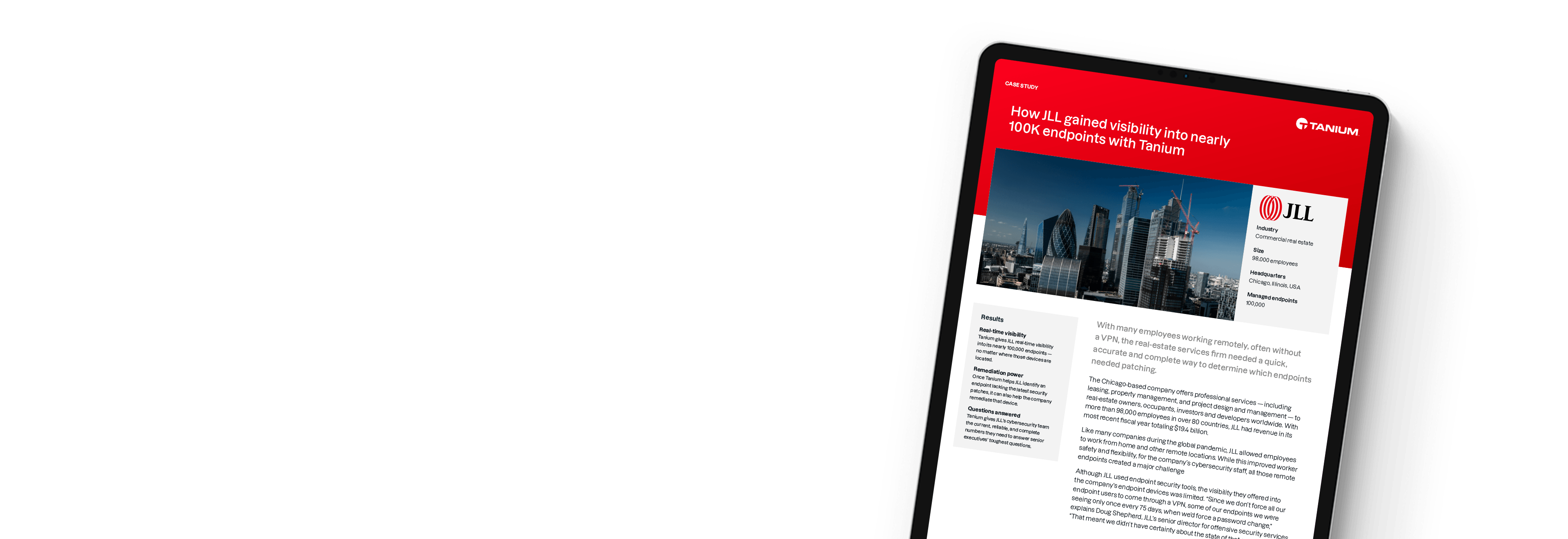 Tablet showing case study 'How JLL gained visibility into nearly 100K endpoints with Tanium'