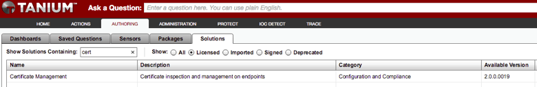 Screenshot of Tanium solutions interface showing Certificate Management package for endpoint configuration